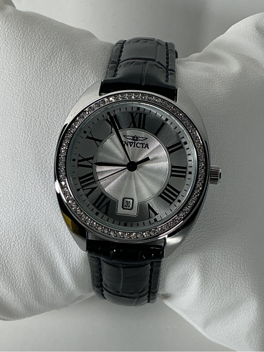 Invicta Silver Dial Watch with Black Leather Strap and Crystal Bezel 70364